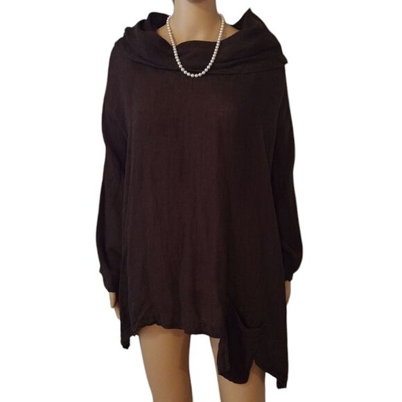 La Fixsun USA Women's Size Medium Linen Brown Cowl Hoodie Neck Oversized Top - Picture 1 of 14